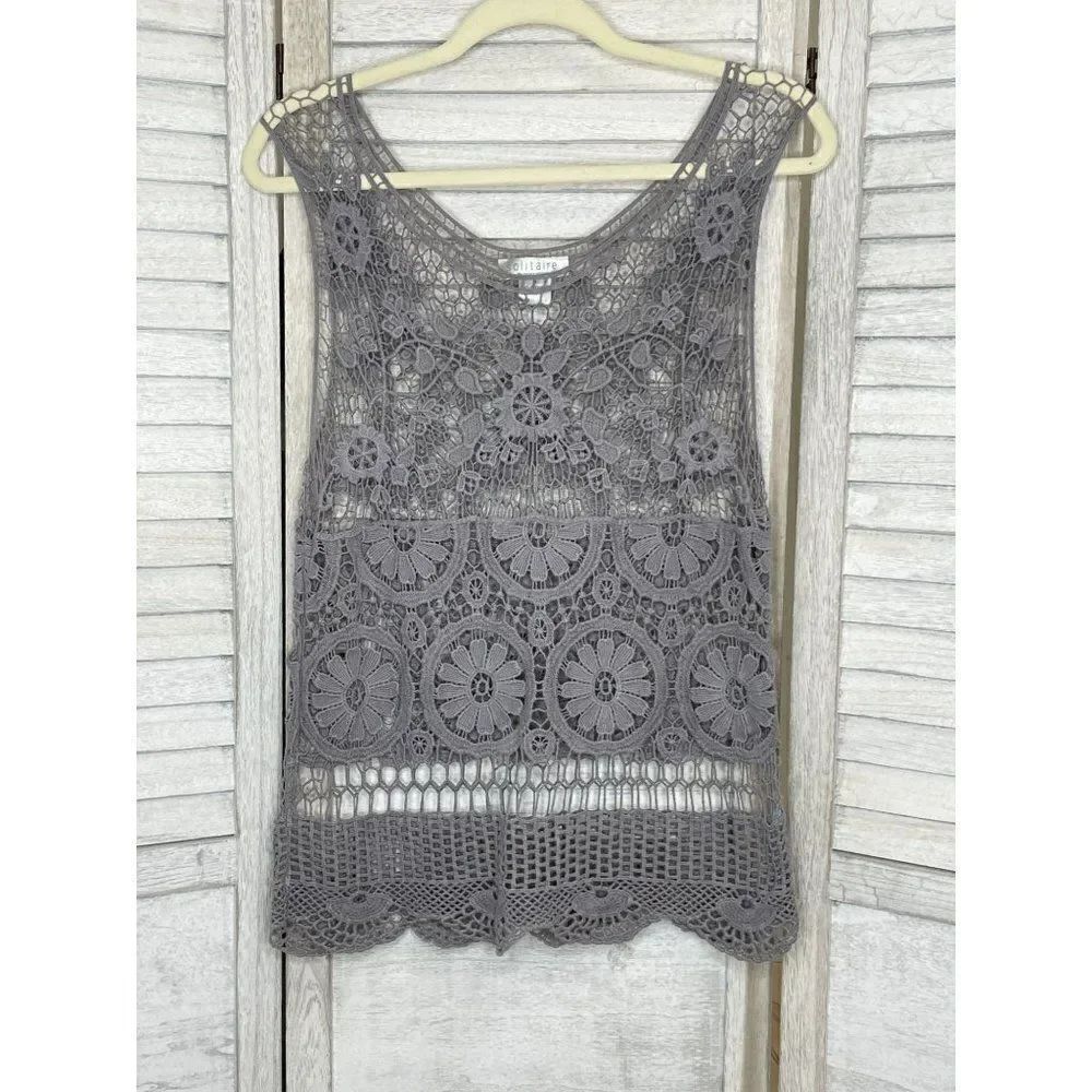 Solitaire BY RAVI KHOSLA Gray Crochet Tank Top Size Small NEW